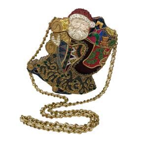 Mary Frances Santa Xmas Chain Handbag Purse Vintage Wood Velvet Beaded